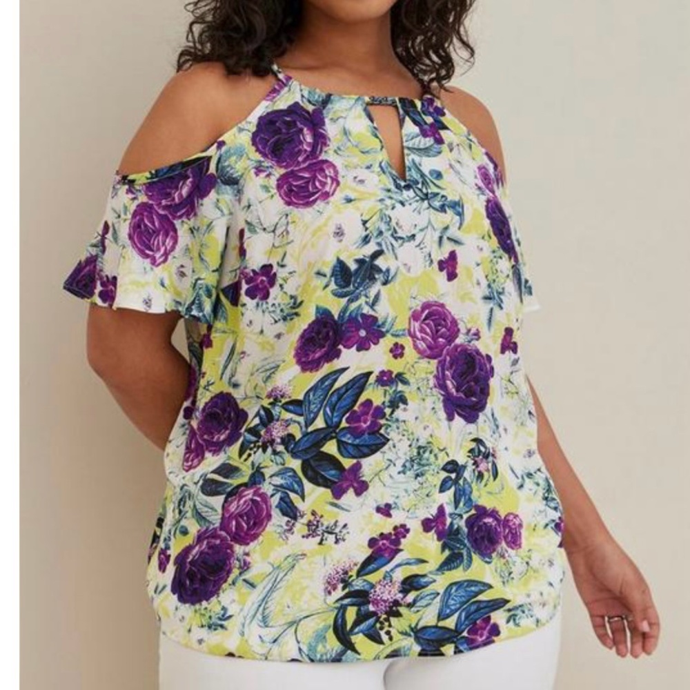 Torrid Purple Yellow Floral Chain Link Georgette Cold Shoulder‎ Top 2X